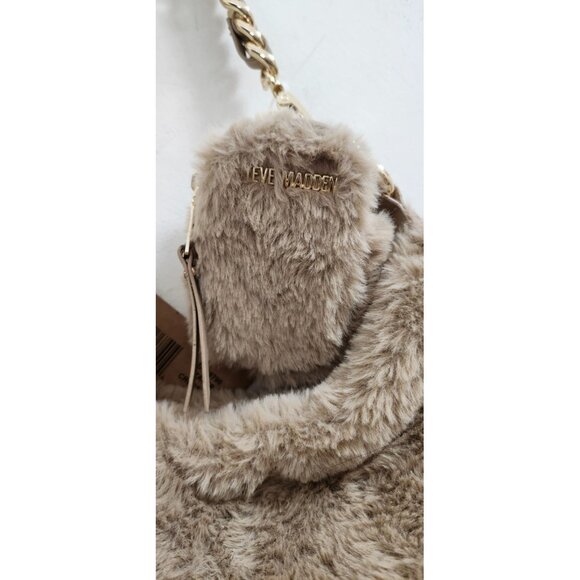 Steve Madden Faux Fur Shoulder Bag Crossbody Beige Plush Purse Gold Chain Strap - Picture 4 of 7